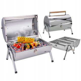GRIL prenosný turistický záhradný BBQ malý na drevené uhlie 38x30 nerez