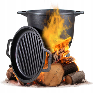 LIATINOVÝ HRNEC S PRAŽNICOU Maďarský poľovnícky hrniec 8L na CAMPFIRE GRILL