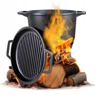 LIATINOVÝ HRNEC S PANVIOU Maďarský poľovnícky hrniec 4L na CAMPFIRE GRILL
