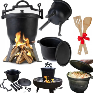 LIATINOVÝ HRNEC 8L MAĎARSKÝ POĽOVNÍCKY HRNEC NA CAMPFIRE GRIL + LYŽIČKY