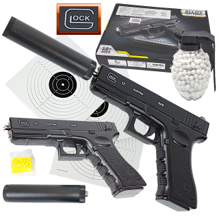 Detská pištoľ - Kovová pištoľ Glock 17 100% kov+Navy modré gule