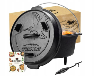 Overmont Dutch Oven Liatinový hrniec 2v1 Camping Campfire Cauldron 4,2L