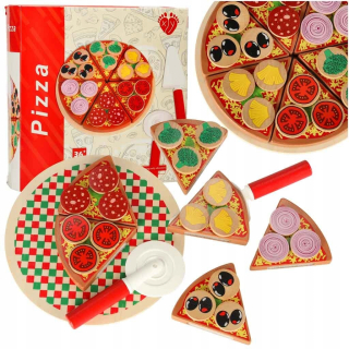 PIZZA DREVENÁ HRACIA SÚPRAVA PRE DETI S DOPLNKAMI 20cm S NOŽOM NA VELCRO