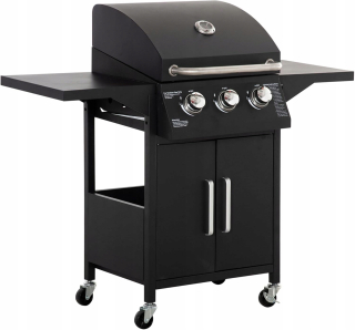 PLYNOVÝ BBQ GRIL S 3 HORÁKAMI, KAŽDÝ 3 KW, 4 KOLESÁ, BOČNÉ STOLY + ZADARMO