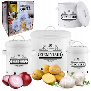 NÁDOBY NA POTRAVINY CESNAK CIBUĽA ZEMIAKY 3x NÁDOBA BIELE OCEL