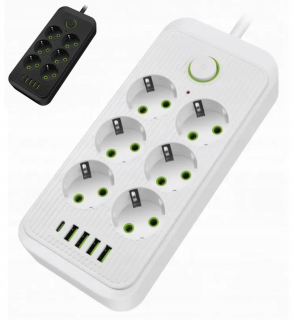 Predlžovací kábel - 2M predlžovací kábel 6m 6 zásuviek + 4x USB +1 USB C