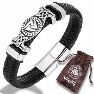 Pletený VIKINGSKÝ NÁRAMOK Valknut Leather 316L oceľ