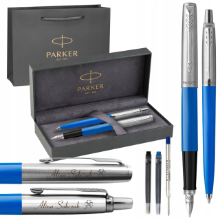 Parker modré automatické guľôčkové pero + Parker Jotter modré a strieborné plniace pero s náplňami