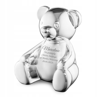 Pokladnička pre deti - Strieborná prasiatka Bank Big Teddy Bear Gravírovanie krstu