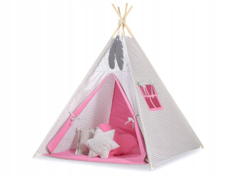 Tipi stan pre deti + prívesky z peria - Šedo-ružový kár