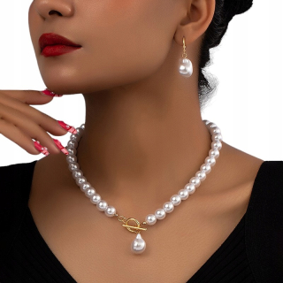 Náušnice s perlovým náhrdelníkom Set Gold White Classic Elegant Retro