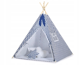 Tipi stan pre deti + prívesky z peria - Chevron námornícka modrá