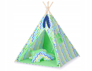 Teepee stan pre deti + prívesky z peria - zelený a modrý Chevron