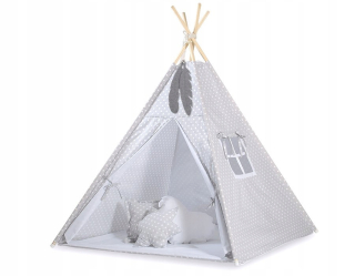 Tipi stan pre deti + prívesky z peria - biele bodky na šedej
