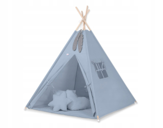 TIPI stan pre deti + karimatka + vankúšiky + prívesky z peria - špinavá modrá