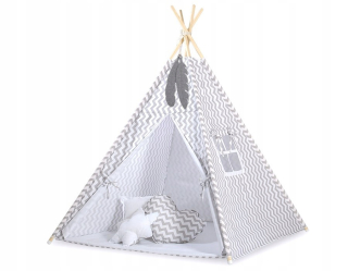 TIPI stan pre deti + karimatka + prívesky z peria - Chevron grey