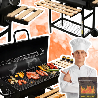 Gril na drevené uhlie Sudové stoly oceľový pevný rošt s teplomerom + 2kg uhlia