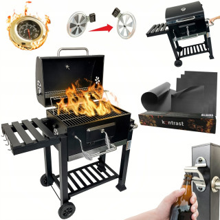 VEĽKÝ PRÉMIOVÝ GRIL NA UHLIE S DVOJITÝM mriežkovým teplomerom + 4x BBQ MAT 1011
