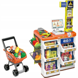 Veľký supermarket, detský obchod, stánok, pokladňa, váha, košík, vozík, zvuky