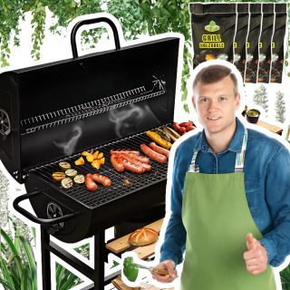 Záhradný gril Sudové stoly oceľový pevný rošt s teplomerom + 10kg uhlia