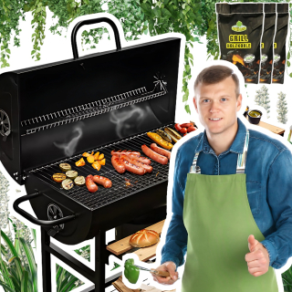 Záhradný gril Sudové stoly oceľový pevný rošt s teplomerom + 6kg uhlia