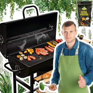 Záhradný gril Sudové stoly oceľový pevný rošt s teplomerom + 2kg uhlia