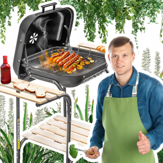 Záhradný gril s krytom a odkladacím stolíkom do záhrady na pozemku, prenosný
