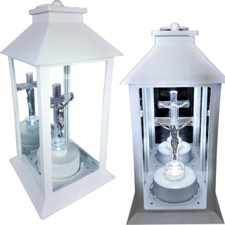 Biely LED lampáš s motívom Ježiša a kríža
