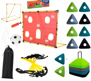 Gymnastický športový animačný set škôlka škola 14 prvkov + futbalová bránka presnosť tréningová podložka lopta