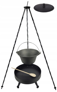 Liatinový kotlík 8L s liatinovou pokrievkou KRB 40 cm Statív 120