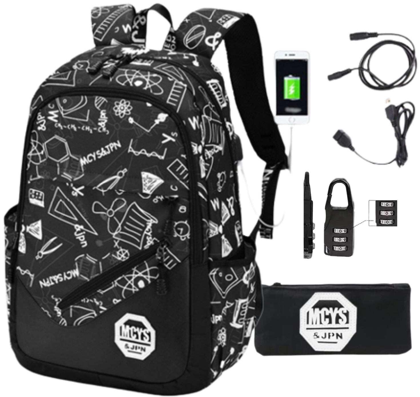Mega veľký školský set 5v1: Mládežnícky batoh Graffiti s USB a príslušenstvom
