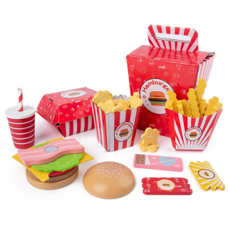 DREVENÝ HAMBURGER FASTFOOD HAPPYMEAL VEĽKÁ SÚPRAVA zábava pri varení