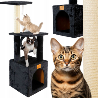 PETSTORY Čierne škrabadlo CAT HOUSE SIZAL posteľ s tyčou 4 úrovne